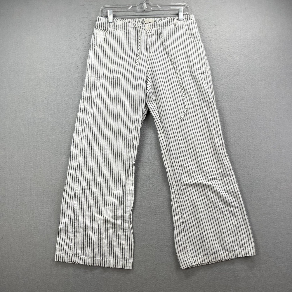 Just Living Pants Women M Cream Black Striped Linen Wide Baggy Drawstring Casual